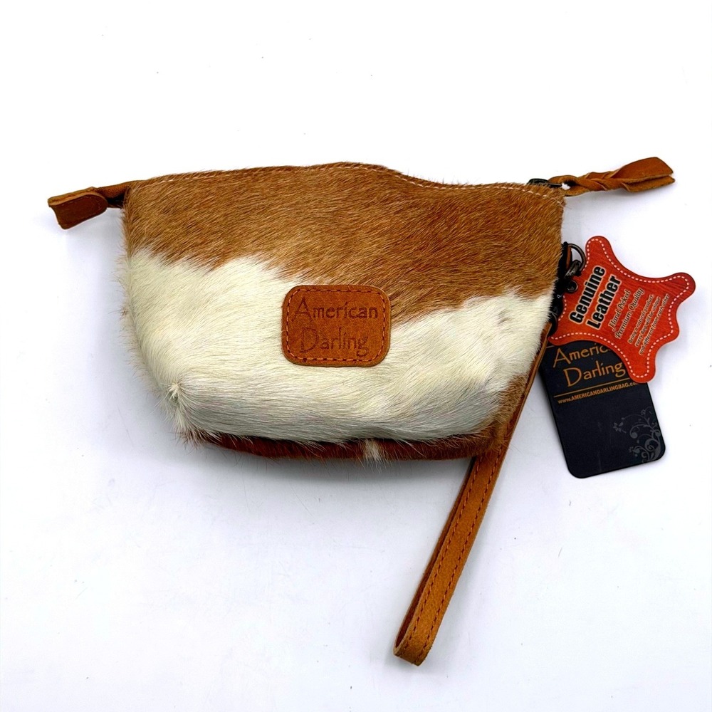 American Darling Brown White Cowhide Leather Wristlet Clutch Bag NEW